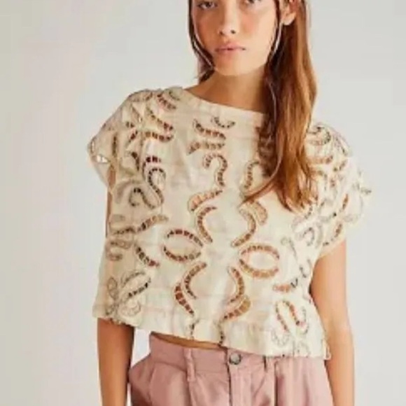 Anthropologie Tops - FREE PEOPLE We The Free Embroidered Laser Cut Out Cream Crop Top Small